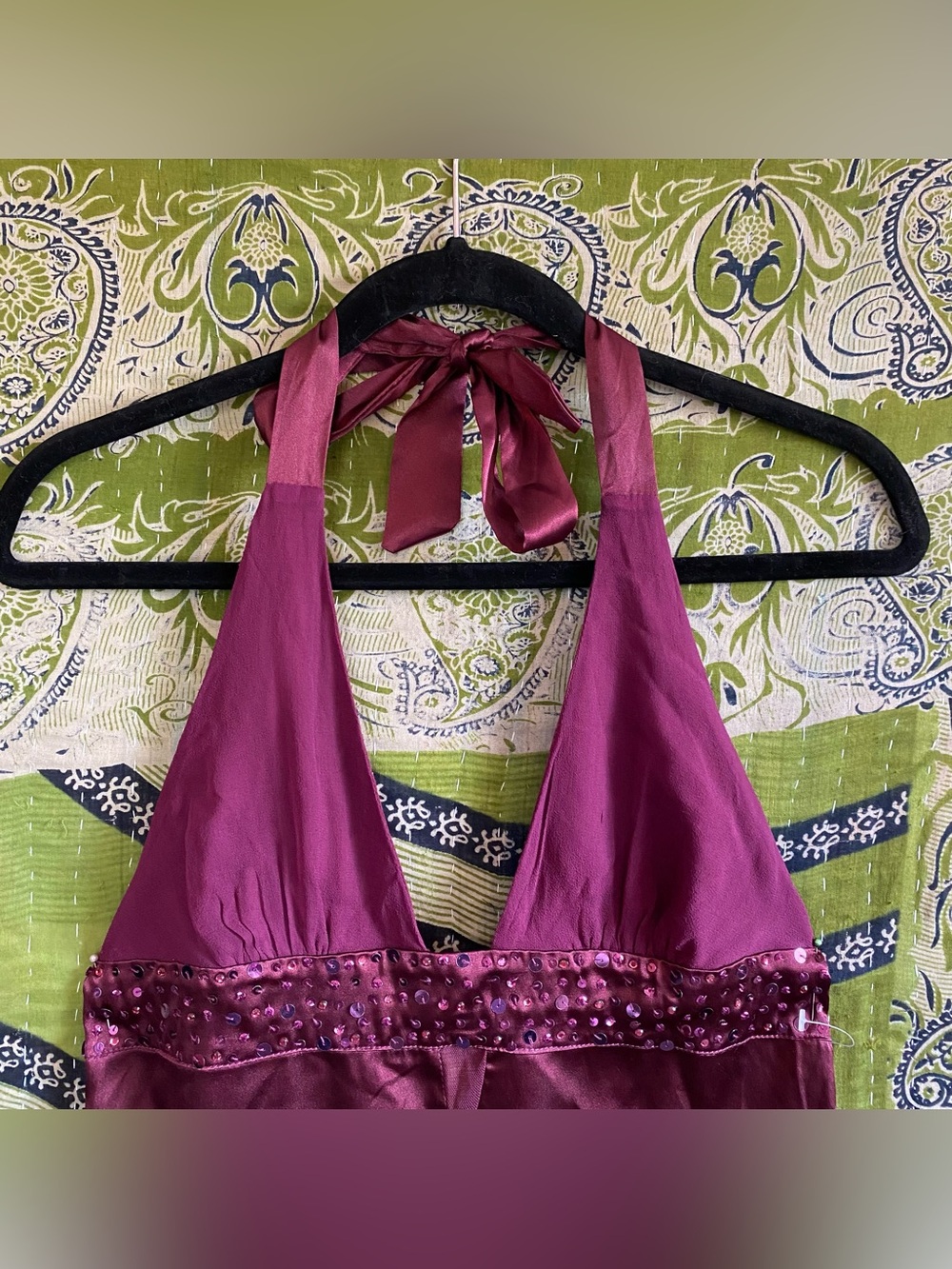 Vintage Y2K Twenty One Plum Silk/ Satin Sequined Fairycore Halter Top Small - Picture 2 of 13